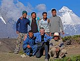 08 Team Photo On Way To Mesokanto La. Kneeling Gyan Tamang, Jerome Ryan, Kumar. Standing Tenzin, Mingma, Pemba Rinji, Nima Dorje Team photo on the way from Jomsom to Mesokanto La: kneeling down are cook Kumar, Jerome Ryan, and guide Gyan Tamang; standing are porters Tenzin and Mingma, cooks helper Pemba Rinji, and porter Nima Dorje.